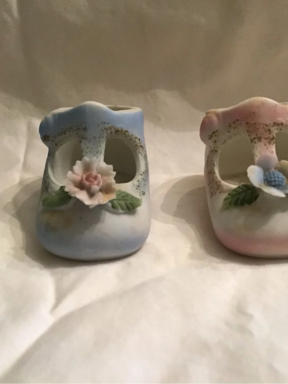Porcelain Baby Shoe Figurine with Pink and Blue Floral Accents